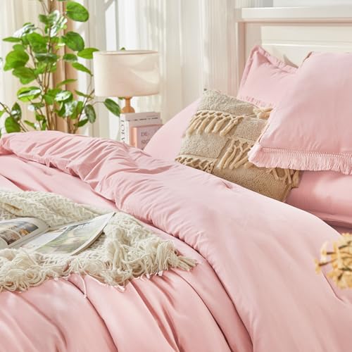 Image of Andency Full Size Comforter Set Light Pink -7 Pieces Boho Tassel Bed in a Bag Soft Lightweight Bedding Sets, Fringe All Season Bed Set with Comforter, Sheets, Pillowcases & Shams
