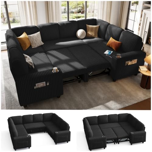 Image of LINSY Home 106 inch Modular Sectional Couch with Pull Out Bed, U Shaped 8 Seats Sofa with Storage, Corduroy Convertible Sofa Bed, USB, Cup Holders, Side Pocket, Sleeper Sofa for Living Room,Black