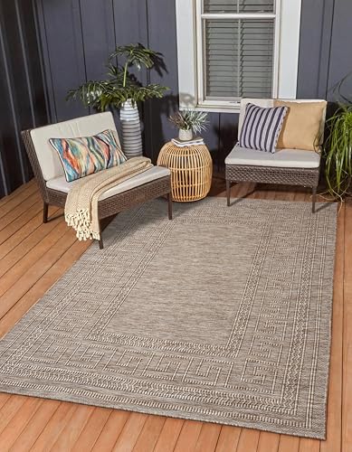 RUGGERRUGS Diana Textured Foldable Beige Indoor Outdoor Rug, 5x7, Weather Resistant, Easy Clean, UV Resistant, Modern Bordered Patio Carpet for Porch, Deck, Backyard, Living Room (5' x 7', Beige)