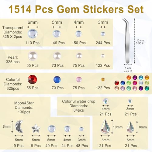 Sularpek 1514 Pcs Gem Stickers, 6 Sheets Self Adhesive Face Gems, Stick on Gems, Pearl Stickers, Rhinestone Stickers, for Face, Hair, Eye, Makeup, Nail, Body, Crafts, with Pick Up Tweeze(3-10mm)