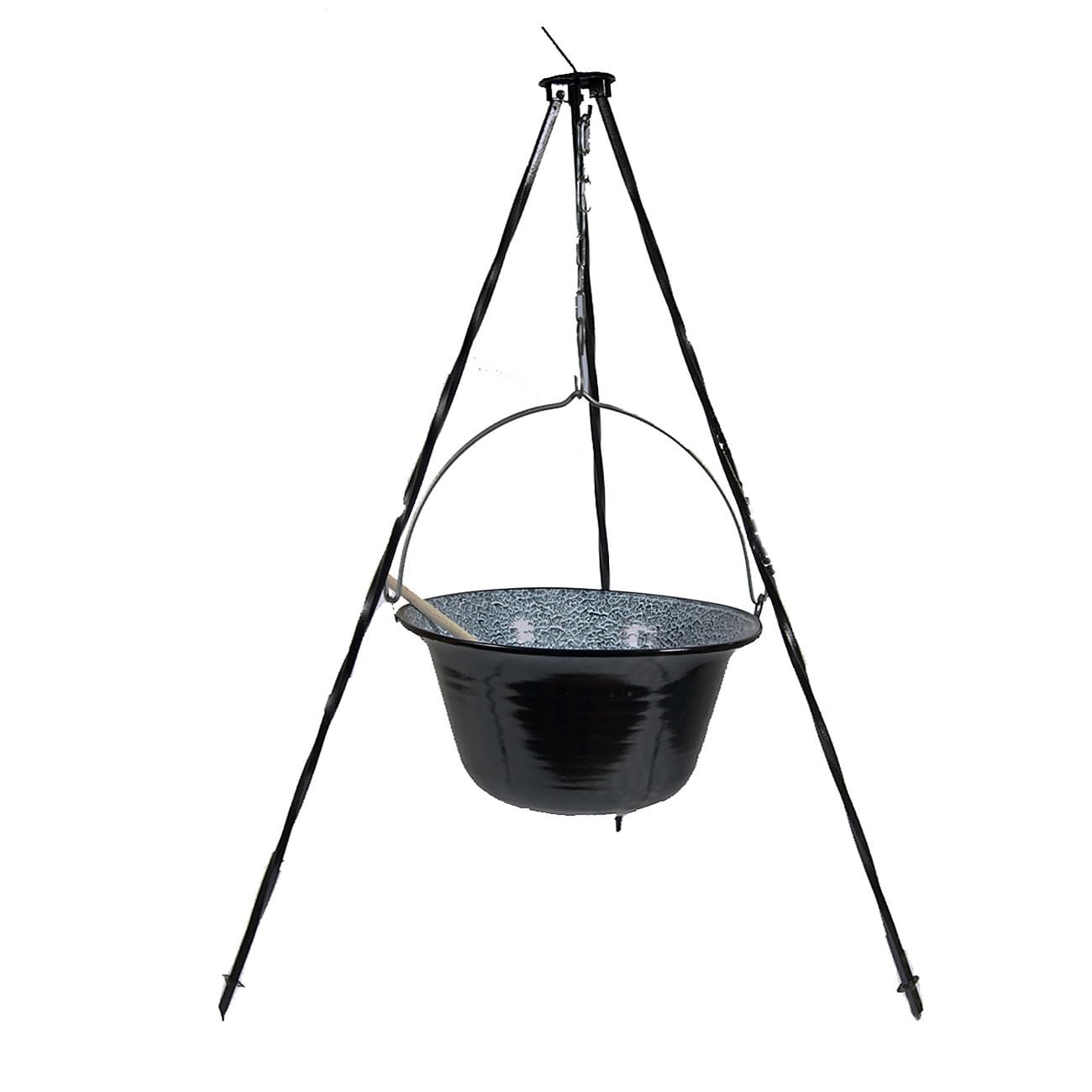 Set Ungarischer Gulaschkessel Emaille 10 Liter + Dreibein 1,0 m + Kochlöffel Suppenkessel Gulaschtopf Hordentopf
