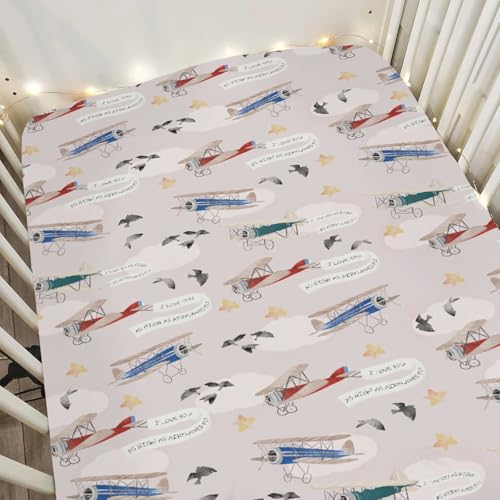 Image of Vintage Planes Birds Sky Baby Crib Sheets for Boy Girl 28 inchx52 inch Retro Flying Airplanes Soft Stretchy Fitted Crib Mattress Covers Aircraft Travel Baby Sheets for Standard Crib & Toddler Mattress Pad