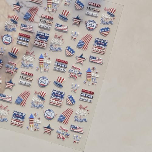 Image of 4th July Nail Art Stickers American Flag Nail Art Decals with Design USA Patriotic Nails Stickers 5D Self Adhesive for Women Girls Kid Manicure DIY Decoration Accessories