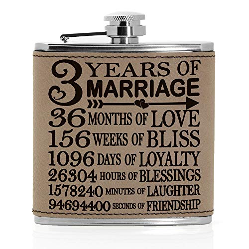 Kate Posh - 3 Years of Marriage Engraved Leather 6 oz Flask, Our