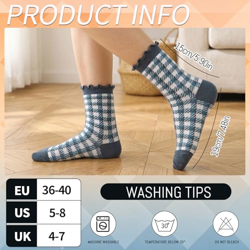 Image of 6 Pairs Women Ruffle Striped Frilly Socks, Cute Checkered Ankle Sock for Women Cotton Knit Casual Crew Socks