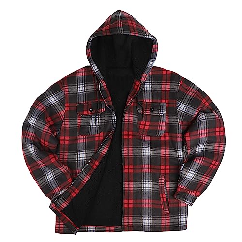 Image of Yasumond Mens Hoodies Fleece Jacket Plaid Flannel Heavy Sherpa Lined Hooded Zip Up Warm Winter Coats Big Tall