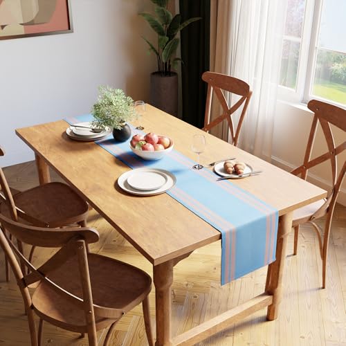 Image of Encasa XO Dining Table Runner for 4 to 6 Seater| Yarn Dyed Fine Ribbed Cotton | Size 32x137 cm | Ladder Blue | Machine Washable