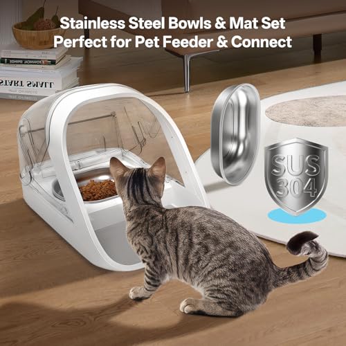Image of Stainless Steel Bowls and Mat Set for Automatic Microchip Pet Feeder, YOIHABV 2 Single SUS 304 Bowls and 1 Silicone Mat, Keep Food Fresh, Easy to Clean, Protect Cat Feeder