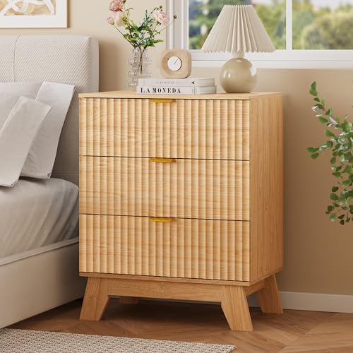 Image of Fluted Nightstand with 3 Large Drawers, Wooden Side End Table with Elevated Legs for Easy Cleaning, Sturdy Modern Beside Table for Small Space, Bedroom, Oak, 24 inch L