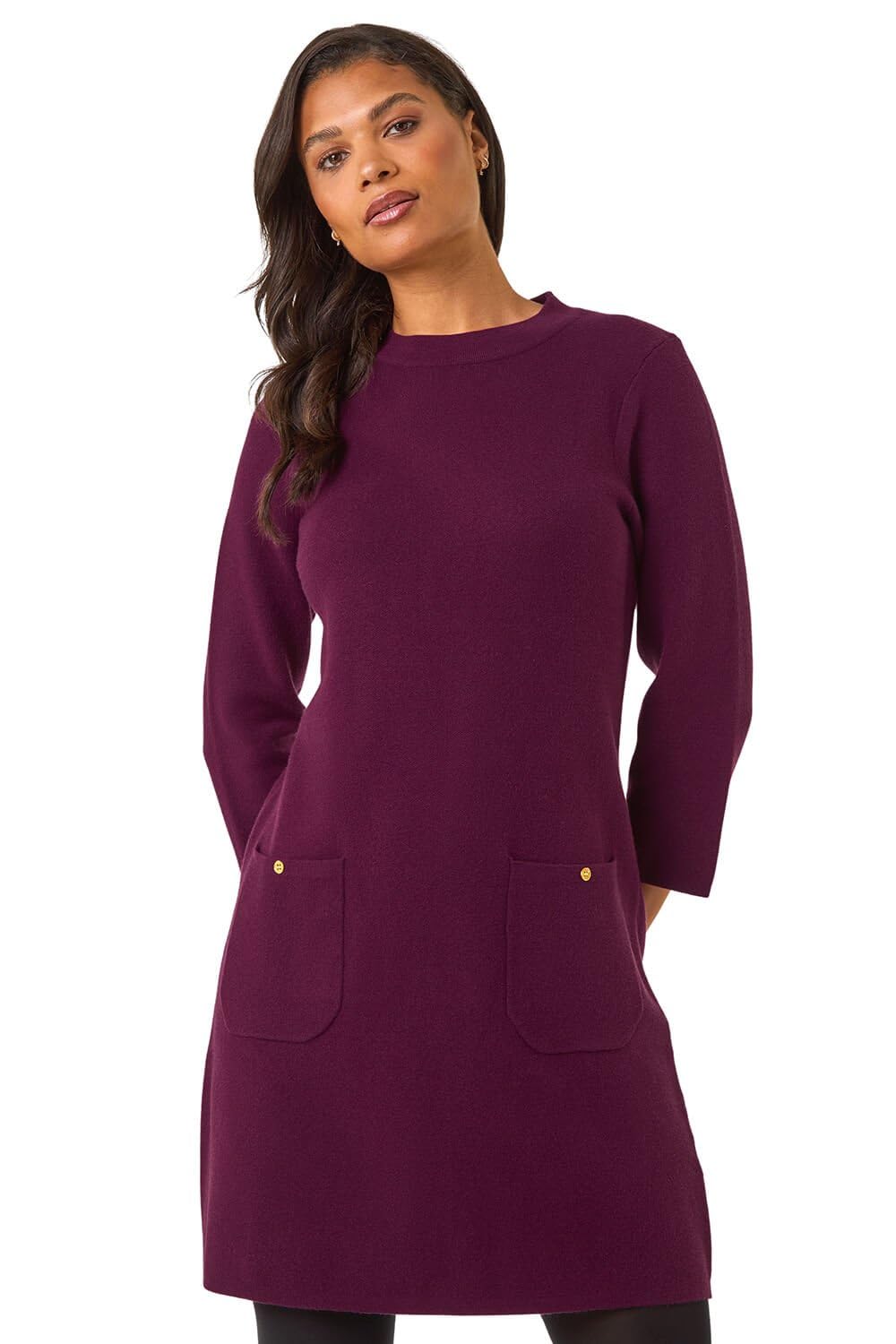 Roman Originals Women's Plain Purple Roman Shift Dress With Pockets - Autumn Winter Tunic 3/4 Length Sleeve Knee Length Smart Casual Office Work Cocktail Party Round Neckline Comfy Soft - Size 20