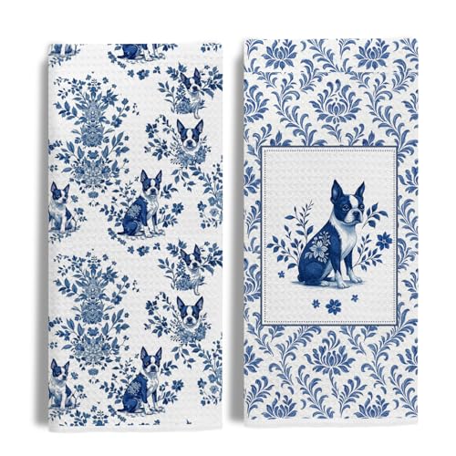 Image of Chinoiserie Boston Terrier Kitchen & Hand Towels Set of 2,Blue and White Floral Dog Gifts Dish &Tea Towels for Kitchen Bathroom Decor,Dog Lover Gifts for Women 16x24 Inch