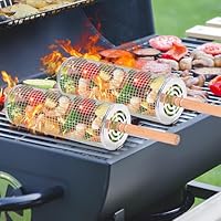2er-Pack rollender Grillkorb mit Holzgriff, zylindrischer Edelstahl-Grillkorb, Outdoor-Camping-Picknick-Grillzubehör, grill zubehör für männer, grill zubehör für gasgrill, grill zubehör