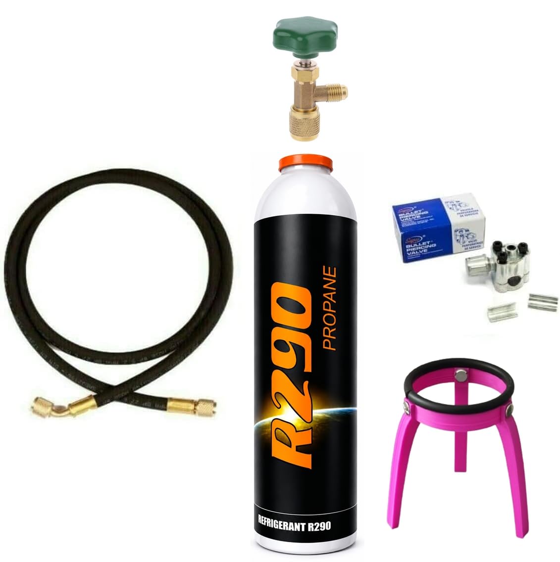 Kit de reparación Refrigerador Secadora Bodega de vino Botella de R290 370 Gr. + accesorio de aguja de 1/4" M + manguera 90cm + válvula de perforación
