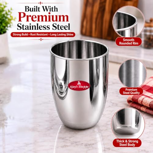 Image of Ajay's Shoppe Stainless Steel Water Glass | Unbreakable Heavy Gauge Steel Glass for Drinking and Serving Water, Cold Drink & Juice Kullad Shape Glass (4 Pcs)