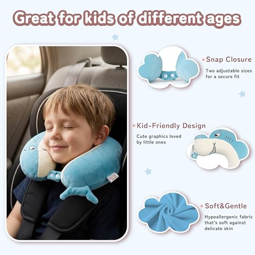 Image of Kids Travel Neck Pillow for Ages 3-8, Memory Foam, Removable Cover, Shark