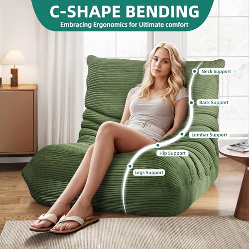 DWVO Upholstered Floor Sofa, Memory Foam Lazy Floor Sofa Couch, Large Soft Corduroy Beanbags Chair with Washable Cover for Living Room Apartment Dorm Office, Green