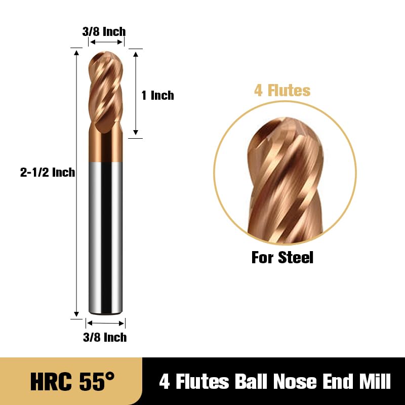 3/8" Carbide Ball Nose end Mill Bits - 3/8" Shank Dia,2-1/2'' Oal - 4 Flutes TISIN Coated - for Alloy Steels, Hardened Steels