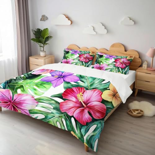 Housse de couette blanc vert fleurs d'hibiscus en microfibre haut de gamme