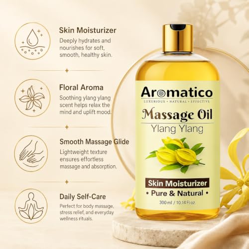Image of AROMATICO Ylang Ylang Massage Oil - Spa Massage Oil with Almond & Jojoba for Couples, Full Body Stress Relief & Skin Nourishment | 300ml