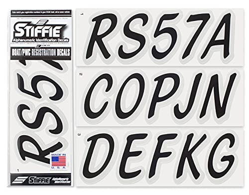 Image of Stiffie Whipline Solid Black /Silver 3 inch Alpha-Numeric Registration Identification Numbers Stickers Decals for Boats & Personal Watercraft