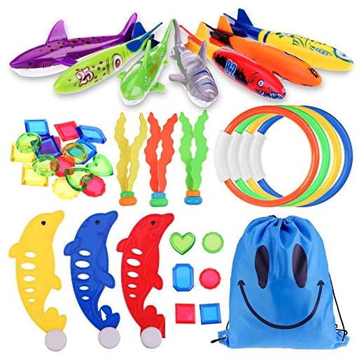 Fabur 34pcs Juguetes de Buceo Conjunto para Niños Incluir Torpedos Bandidos*4,Anillos de Buceo*4,Algas Marinas*3,Gemas de Buceo Juguetes*16,Delfines*3,Tiburón*3,Bolsillo con cordón*1