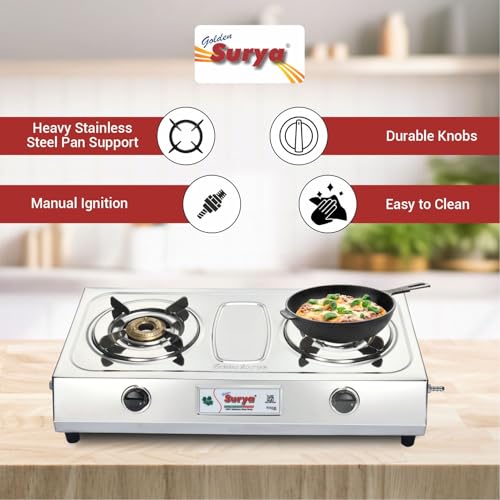 Image of Golden Surya 2 Burner LPG Gas Stove with High Efficiency Burners, Stainless Steel Body, Heavy MS Pan Support, Manual Ignition, ISI Certified (large)