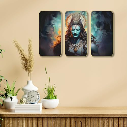 Image of SAF Lord Shiva 3 Panel Wall Art - Divine Mahadev Meditation Painting on MDF | Spiritual Hindu Wall Hanging for Living Room, Pooja Room, Bedroom & Office Decor (20 X 35 Inch) SG-43