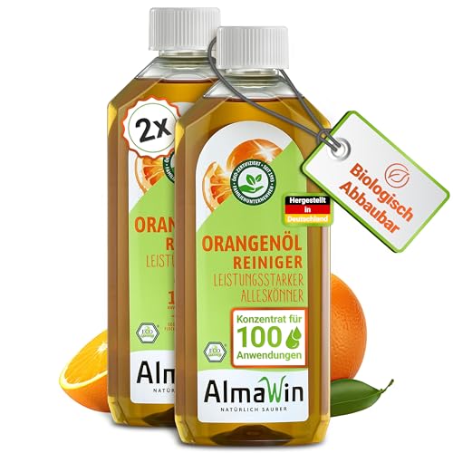 AlmaWin Orangenölreiniger ÖKO 2x500ml ideal als starker Allesreiniger & Fettlöser Veganes Orangenreiniger Konzentrat in recycelter Flasche Orangenöl Reiniger