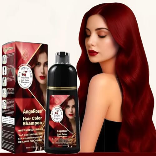 AngeRose Hair Dye Shampoo 3 in 1, Instant Herb Ingrident Hair Dye to Cover Gray Hair, Long-lasting & Natual, Wine Red, 400 ML