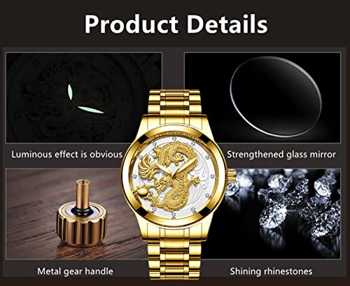 Image of Goodern Couple Pair Watches Luminous Stainless Steel His and Hers Dragon Wristwatch Large Face Quartz Watch for Men & Women His and Her Couple Watches Romantic Quartz Waterproof Classic Couple Watch