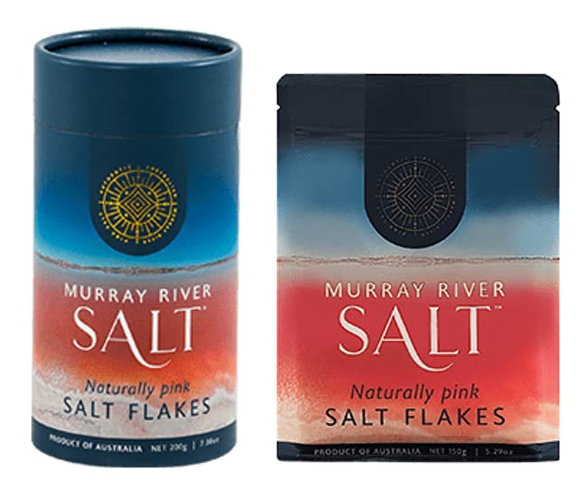 Paquete de 2 recipientes reciclables Murray River Pink Salt Flakes con bolsa de recarga. Sal gourmet pura natural baja en sodio para chef 100%
