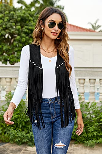 HOTLOOX Womens Fringe Vest 70s Hippie Clothes Sleeveless Faux Suede Tassel Cowgirl Western Outfits S-XXL2