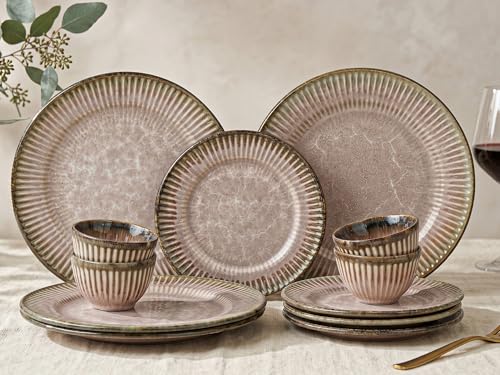 Image of Bodhi House Premium 12-Piece Stoneware Dinner Set Serving for 4 - Handcrafted Ceramic Plates, Bowls & Serving Bowls | Microwave & Dishwasher Safe | Elegant Modern Tableware Crockery Petal Pink
