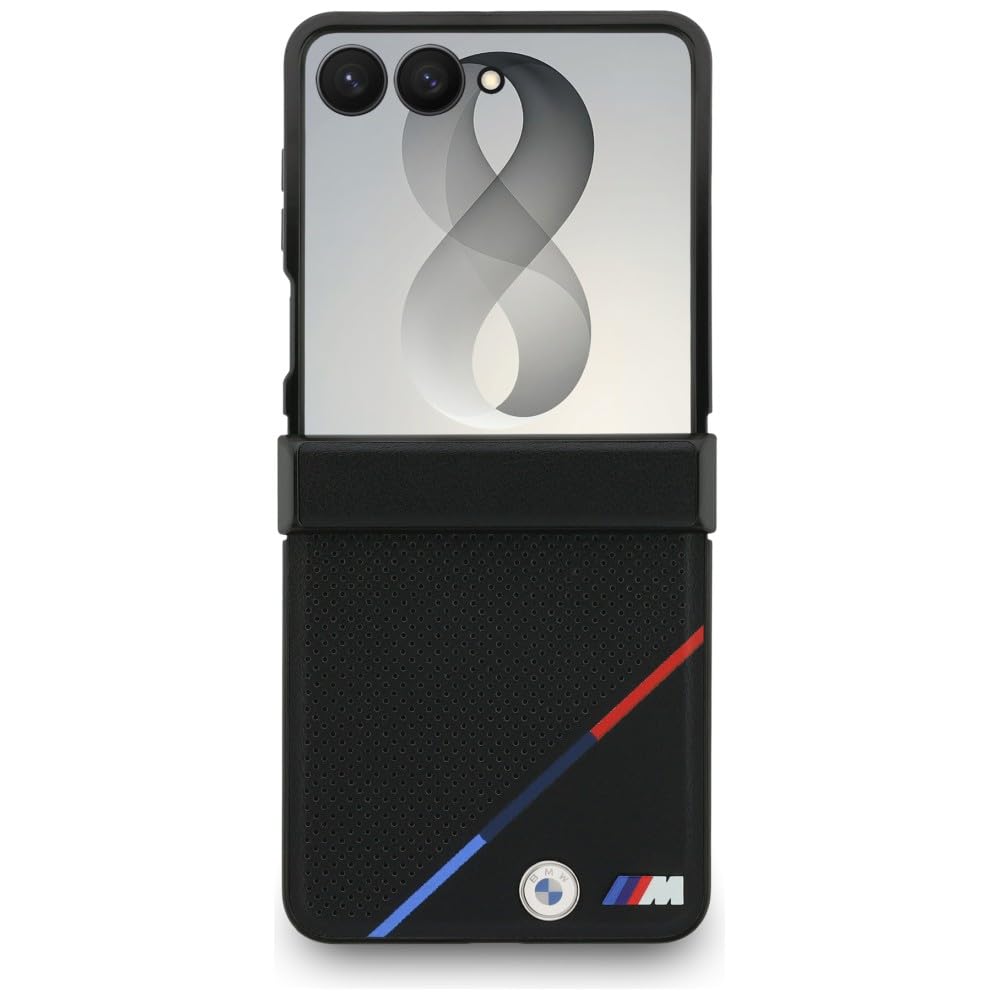 CG MOBILE BMW M Pelle Perforata Strisce Tricolore Loghi Metallo Compatibile con MagSafe Custodia per Samsung Galaxy Z Flip8 (Nero)