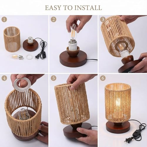 DKCONONY Small Rattan Table Lamp for Bedroom, Boho Bedside Lamp with Warm LED Bulb, Handwoven Wicker Nightstand Lamp for