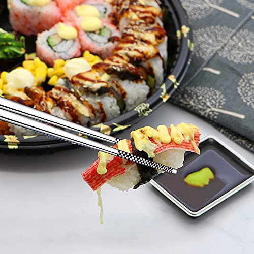 BUMACO 5 Pairs Metal Chopsticks Reusable Japanese Korean Style Stainless Steel Chopstick, Square Lightweight Laser Pattern Chop Sticks Dishwasher Safe - Gift Set (Type-A)