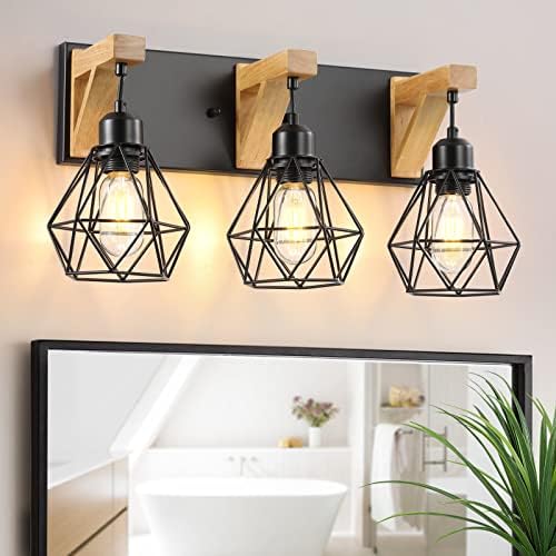 Farmhouse Bathroom Vanity Light, 3-Light Wood Bathroom Light Fixtures ...
