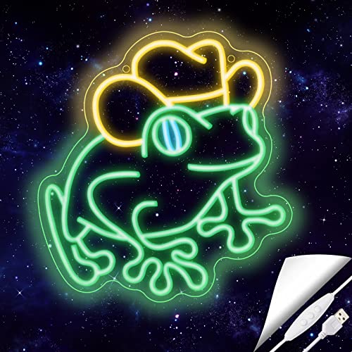 Cowboy Frog Neon Sign for Wall Decor Frog Led Neon Light for Kids Room Man Cave Bar Store Home Party Art Decor Gifts, Golden & Green, Dimmable & Powered by USB, 12.6"x 13.5"