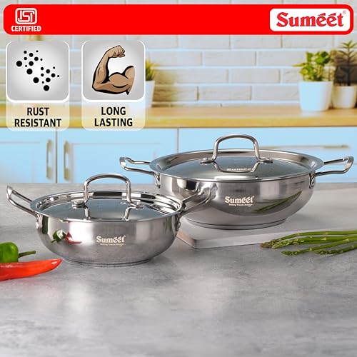 Image of Sumeet ISI Certified Stainless Steel Kadai with Steel Lid & Encapsulated Heavy Bottom |Induction and Gas Compatible |Set of 2 Pcs | 1.5Ltr & 2.3Ltr Capacity - 20 & 24cm Dia, Silver