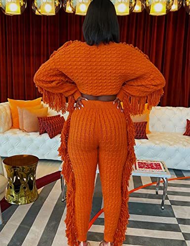 Image of KANSOON 2 Piece Sweater Set for Women Cable Knit Fringe Crop Top and Pants | Cozy feel, ribbed high waist, comfortable stretch fit for birthday and chilly going-out outfits