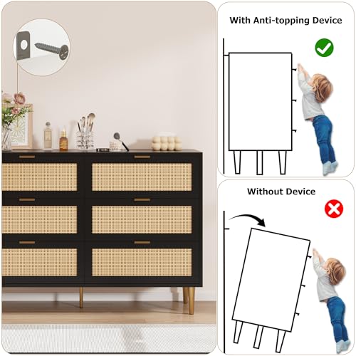 GarveeHome Rattan 6 Drawer Dresser for Bedroom, Modern Chest of Drawers with Gold Legs and Gold Handles, Wide Double Dresser with Large Tabletop and Anti-tipping Design for Bedroom, Living Room, Black