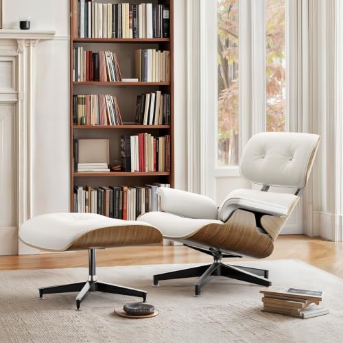 Image of Top White PU Leather, Mid Century Chaise Lounge Chair and Ottoman, Modern Chair Classic Design, Walnut Wood, Heavy Duty Base Support for Living Room Office