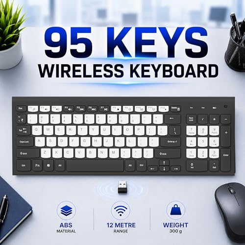 Image of ANT Master 25 Wireless Keyboard, 2.4GHz USB Plug and Play Receiver, 95 Keys with Multimedia Shortcuts, Water-Repellent Slim Membrane Design, 12M Range, Office & Home Productivity, Black & White