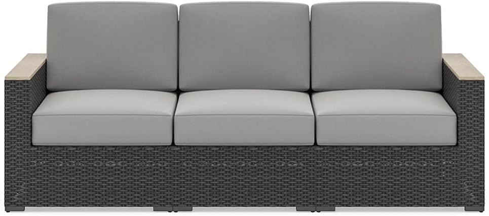 Homestyles 6801-30 Boca Raton 3 Seat Outdoor Sofa and Cushions, Weatherproof Woven Wicker Rattan with Acacia Wood Accents, Grey : Patio, Lawn & Garden