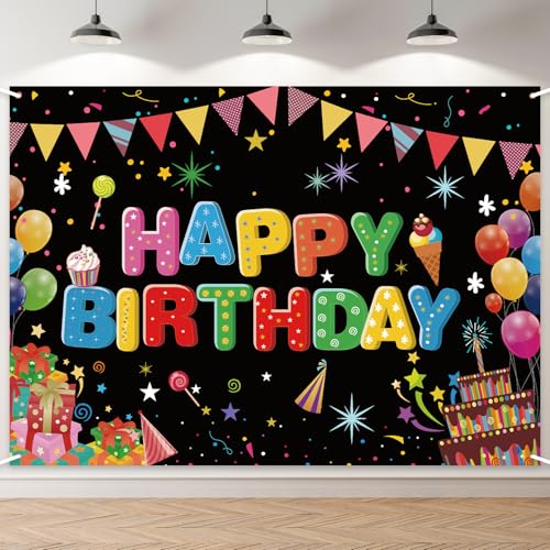7 x 5 FT Happy Birthday Backdrop - Extra Large Colorful Birthday Banner Wall Hanging, Fun Photo Booth Background for Kids and Adults Indoor Outdoor Party Decorations