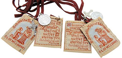 Traditional Best Brown Mt. Carmel Scapular Brown Cord with Benedict Medal and Crucifix 100% Wool & Hand-made in USA By Nuns. Cord Is 18 Inches in Length- Quantity 2
