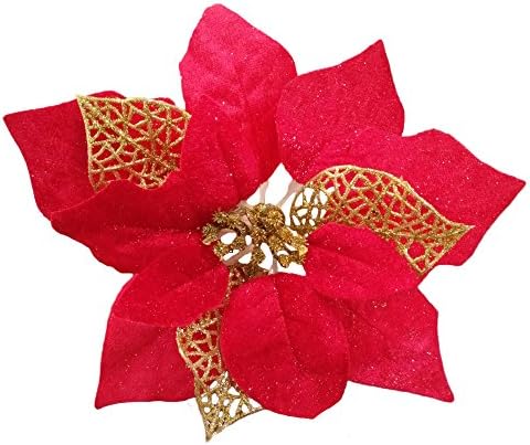 Crazy Night 12pcs 8.7inch Red Glitter Poinsettia Artificial Flowers,Christmas Tree Decorations,Wedding Xmas New Year Wreath Ornaments
