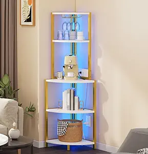DWVO Corner Shelf with Power Outlets & LED Lights & Glass Holder, 5 Tier Corner Bar Rack, Vintage Wine Rack Display Shelves for Living Room, Dining Room, Kitchen, Gold