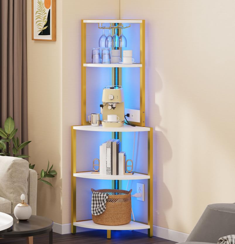 DWVO Corner Shelf with Power Outlets & LED Lights & Glass Holder, 5 Tier Corner Bar Rack, Vintage Wine Rack Display Shelves for Living Room, Dining Room, Kitchen, Gold