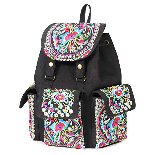 Image of SILKAREA Vintage Embroidered Backpack Purse for Women Handbag Canvas Shoulder Bag Ethnic Boho Travel Backpack (Black S2) Large